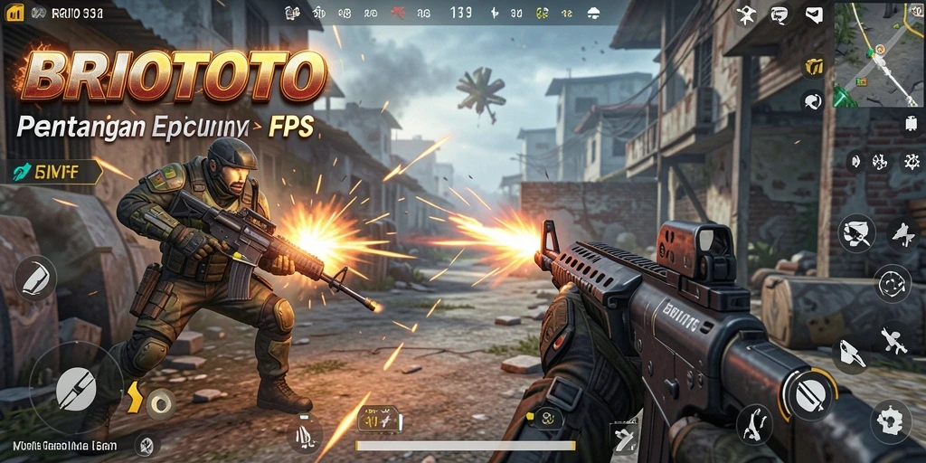 Screenshot gameplay BRIOTOTO menampilkan aksi tembak-menembak yang mendebarkan.