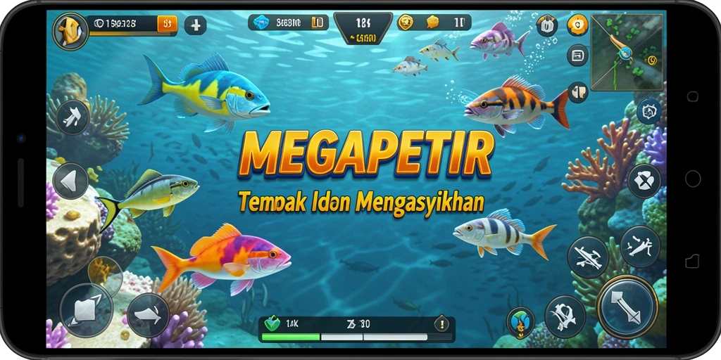 Gameplay seru dalam MEGAPETIR dengan aksi menembak ikan yang mengasyikkan.