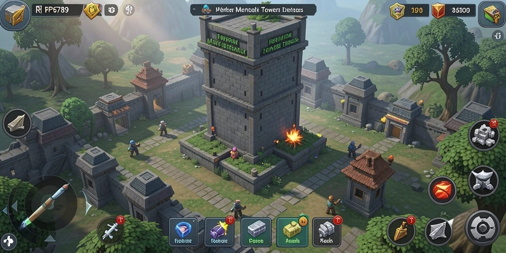 Tampilan menara yang berwarna-warni dalam gameplay Tower Defense.