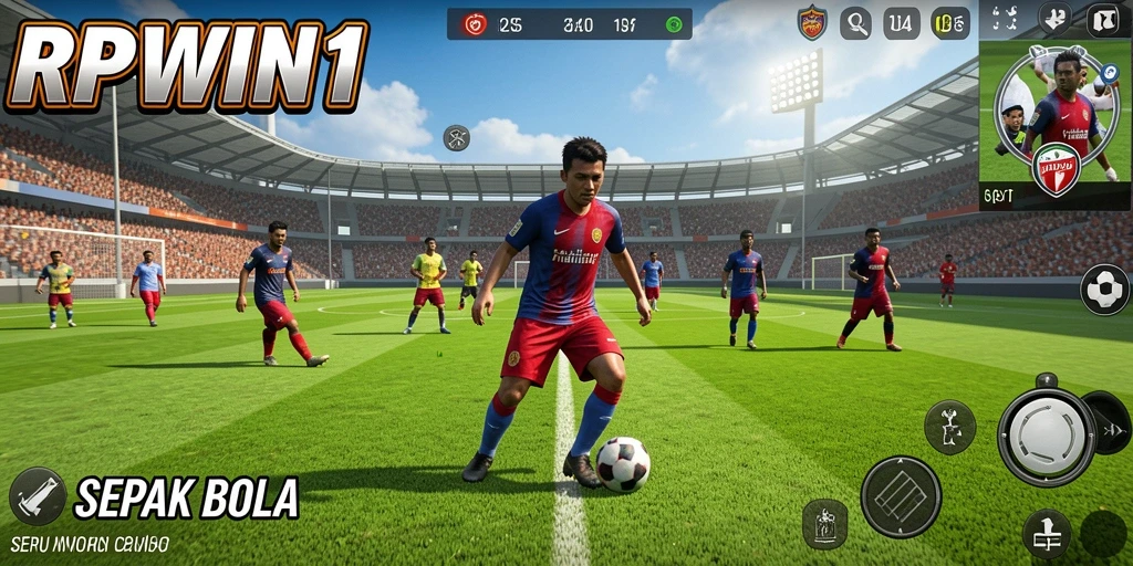 Tampilan gameplay menarik dari RPWIN1 yang menampilkan aksi sepak bola.