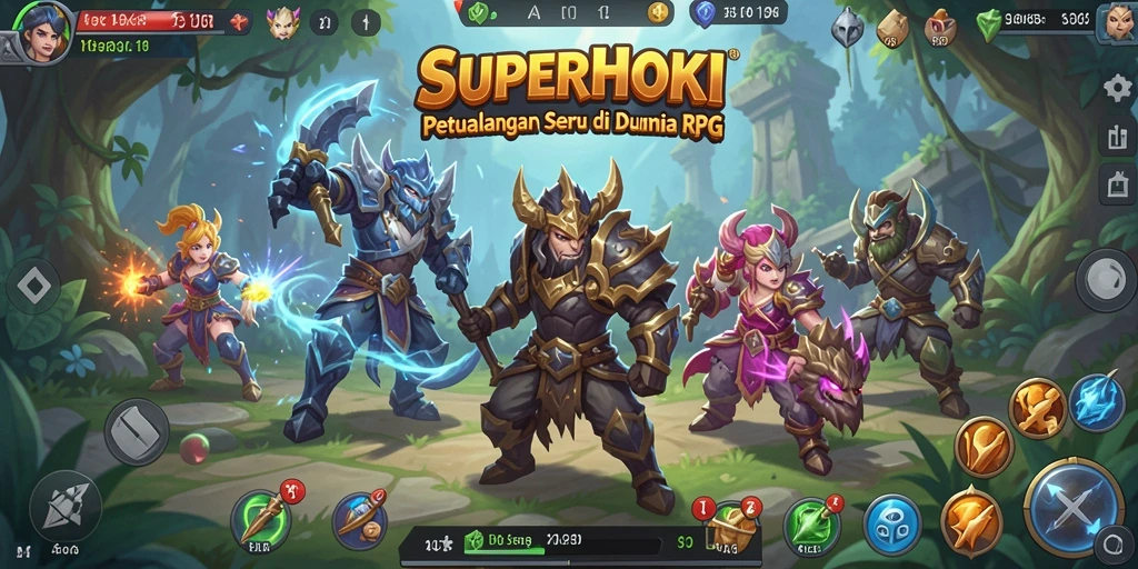Tangkapan layar utama SUPERHOKI menampilkan pertempuran epik dalam dunia RPG.